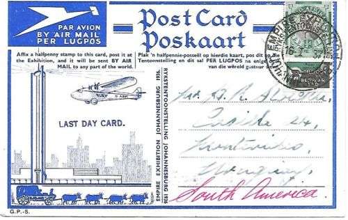 South Africa 1936 Jipex All Up Flight card to Montevideo Uruguay very  fine